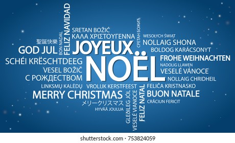 Word cloud with text Merry Christmas in different languages, in the middle one oversized and bold written in French