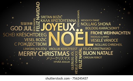 Word cloud with text Merry Christmas in different languages, in the middle one oversized and bold written in French