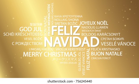 Word cloud with text Merry Christmas in different languages, in the middle one oversized and bold written in Spanish