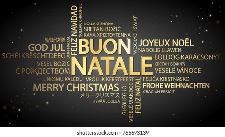 Word cloud with text Merry Christmas in different languages, in the middle one oversized and bold written in Italian