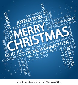 Word cloud with text Merry Christmas in different languages, in the middle one oversized and bold written in English