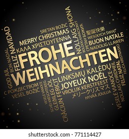Word cloud with text Merry Christmas in different languages, in the middle one oversized and bold written in German