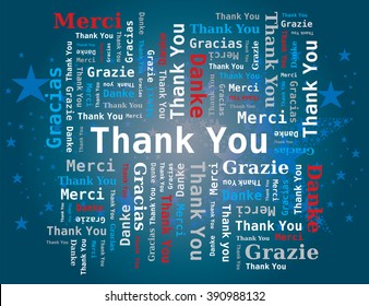 Word Cloud - Thank You in Different Languages - 5 Languages English French German Italian Spanish Blue Background
