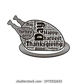 Word cloud. Thanksgiving typography in the shape of a turkey on a plate. Vector illustration .
