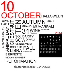 word cloud with twentysomething facts and figures about october 2014, including calendar of the month, vector