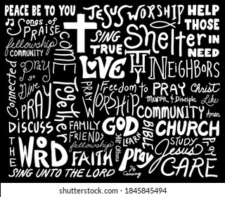 word cloud typography style design, white hand written text on black background with cross and Christian faith inspirational words, religious vector for church bulletins and illustrations