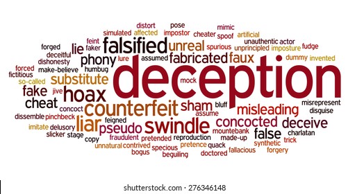 Word cloud with words related to deception, dishonesty, fake, cheating, deceiving and imposture