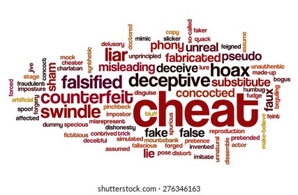 Word cloud with words related to deception, dishonesty, fake, cheating, deceiving and imposture
