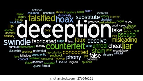 Word cloud with words related to deception, dishonesty, fake, cheating, deceiving and imposture