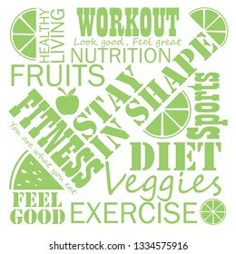 Word cloud for words related to fitness and health with fruit elements as decoration. Inside the box words give out the shape of a check mark.