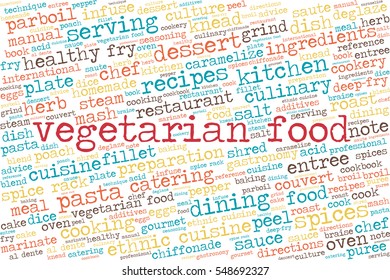 Word cloud with words related to gastronomy, cooking, cuisine, healthy eating, food, catering and vegetarian food