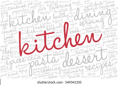 Word cloud with words related to gastronomy, cooking, cuisine, healthy eating, food, catering with word "kitchen" emphasized in red