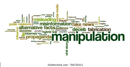 Word cloud with words related to hybrid warfare, alternative facts, fake news and media manipulation, propaganda and misinformation