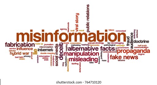 Word cloud with words related to hybrid warfare, alternative facts, fake news and media manipulation, propaganda and misinformation