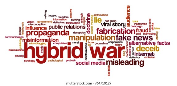 Word cloud with words related to hybrid warfare, alternative facts, fake news and media manipulation, propaganda and misinformation