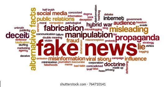 Word cloud with words related to hybrid warfare, alternative facts, fake news and media manipulation, propaganda and misinformation