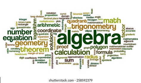 Word cloud with words related to mathematics, trigonometry, algebra, geometry and similar mathematical terms