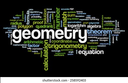 Word cloud with words related to mathematics, trigonometry, algebra, geometry and similar mathematical terms