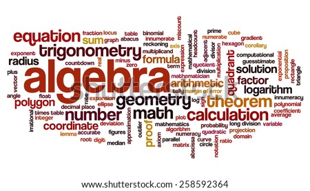 Word cloud with words related to mathematics, trigonometry, algebra, geometry and similar mathematical terms