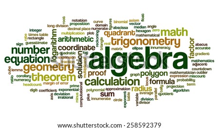 Word cloud with words related to mathematics, trigonometry, algebra, geometry and similar mathematical terms