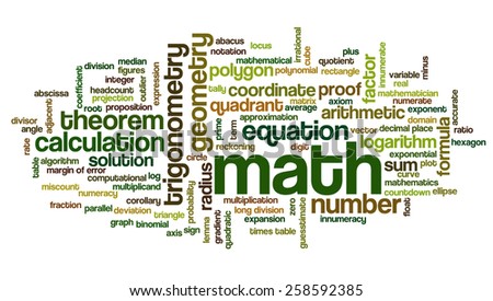 Word cloud with words related to mathematics, trigonometry, algebra, geometry and similar mathematical terms