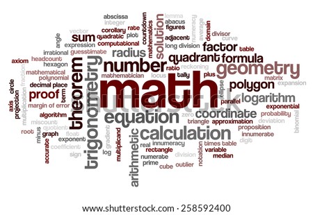 Word cloud with words related to mathematics, trigonometry, algebra, geometry and similar mathematical terms