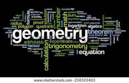Word cloud with words related to mathematics, trigonometry, algebra, geometry and similar mathematical terms