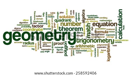Word cloud with words related to mathematics, trigonometry, algebra, geometry and similar mathematical terms