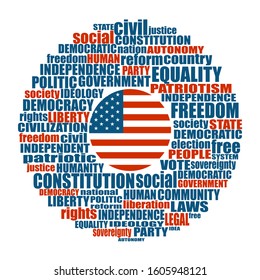 Word cloud with words related to politics, government, parliamentary democracy and political life. Flag of the USA