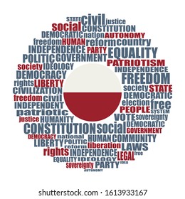Word cloud with words related to politics, government, parliamentary democracy and political life. Flag of the Poland