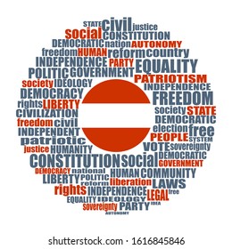 Word cloud with words related to politics, government, parliamentary democracy and political life. Flag of the Austria