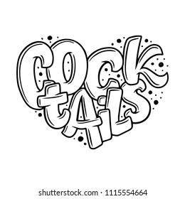 Word Cocktails, lettering in heart. Hand drawn illustration in bubble style. Vector