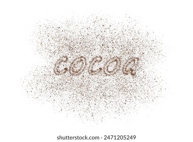 The word cocoa is written with scattered powder. Text made from coffee or chocolate powder flying dust particles on white background. Crushed granules of sand or brown cane sugar. Vector illustration.