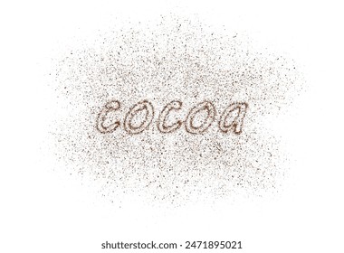 The word cocoa is written with scattered powder. Text made from coffee or chocolate powder flying dust particles on white background. Crushed granules of sand or brown cane sugar. Vector illustration