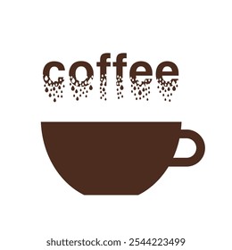 The word coffee breaks into drops and drips into the cup. Dry coffee turns into a drink.