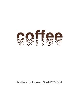 Das Wort Kaffee fällt in Tropfen. Die Wirkung der Zerstörung. Aus trockenem Kaffee wird ein Getränk.