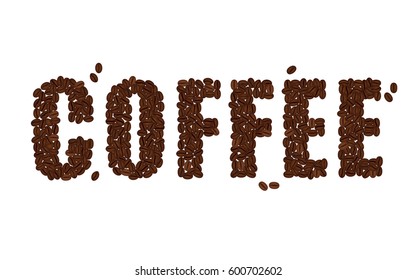 The word COFFEE written with Coffee Beans isolated on a white background. Vector format.