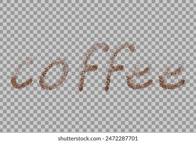 The word coffee is written with scattered powder. Text made from coffee or chocolate powder flying dust particles. Crushed granules of sand or brown cane sugar. Vector illustration