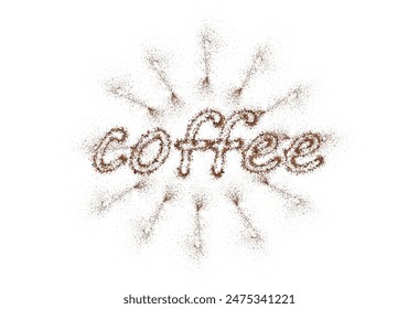 The word coffee is written with scattered powder. Sun rays made from coffee or chocolate powder flying dust particles on white background. Crushed granules of sand or brown sugar. Vector illustration