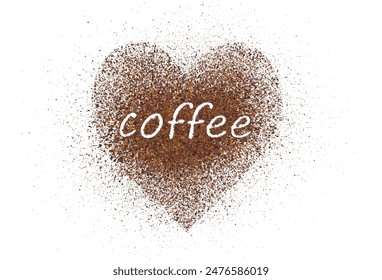 The word coffee is written with scattered powder. Text made from coffee or chocolate powder flying dust particles on heart shape. Crushed granules of sand or brown cane sugar. Vector illustration