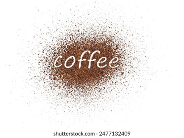 The word coffee is written with scattered powder. Text made from coffee or chocolate powder flying dust particles on white background. Crushed granules of sand or brown cane sugar. Vector illustration