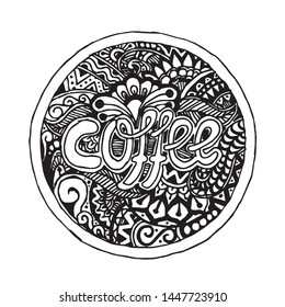 Word coffee zentangle stylized. Hand drawing illustration.