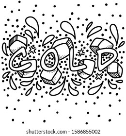 The word cold is drawn on background of ice, splashes and decorative elements. Monochrome design. Doodle lettering vector composition.