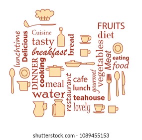 word collage for kitchen and cooking with kitchenware items - dark red and yellow vector