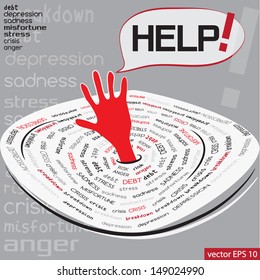 Word collage (with items related to crisis, depression and other problems) in the shape of a lake with a sinking hand and a speech bubble depicting a man in trouble claiming for help