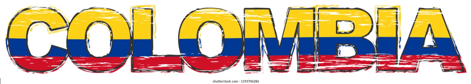 Word COLOMBIA with Colombian national flag under it, distressed grunge look.