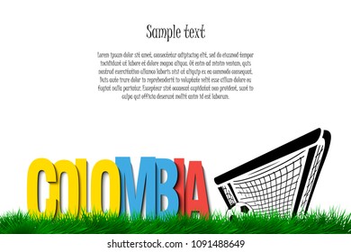 Word Colombia and soccer ball in the gate on the grass. Vector illustration