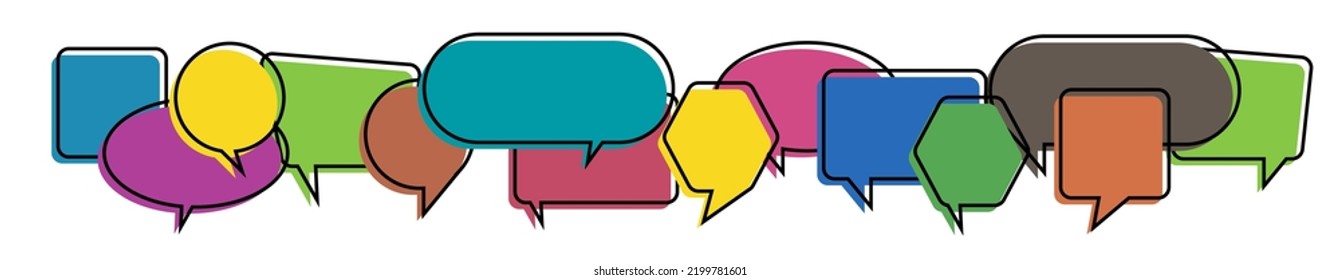 Word communication with colorful multicolored dialog speech bubbles. Vector illustration of communication concept on white isolated background. Flat style. Speak english.