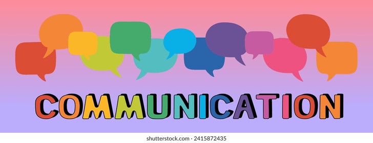 The word communication and colorful speech bubbles. Rainbow colored inscription. Hand drawn vector illustration isolated on gradient background. Modern flat cartoon style.