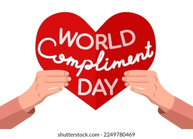 Word Compliment day with heart vector vector background. Red heart with inscription in hands. Card, poster template isolated on white backdrop